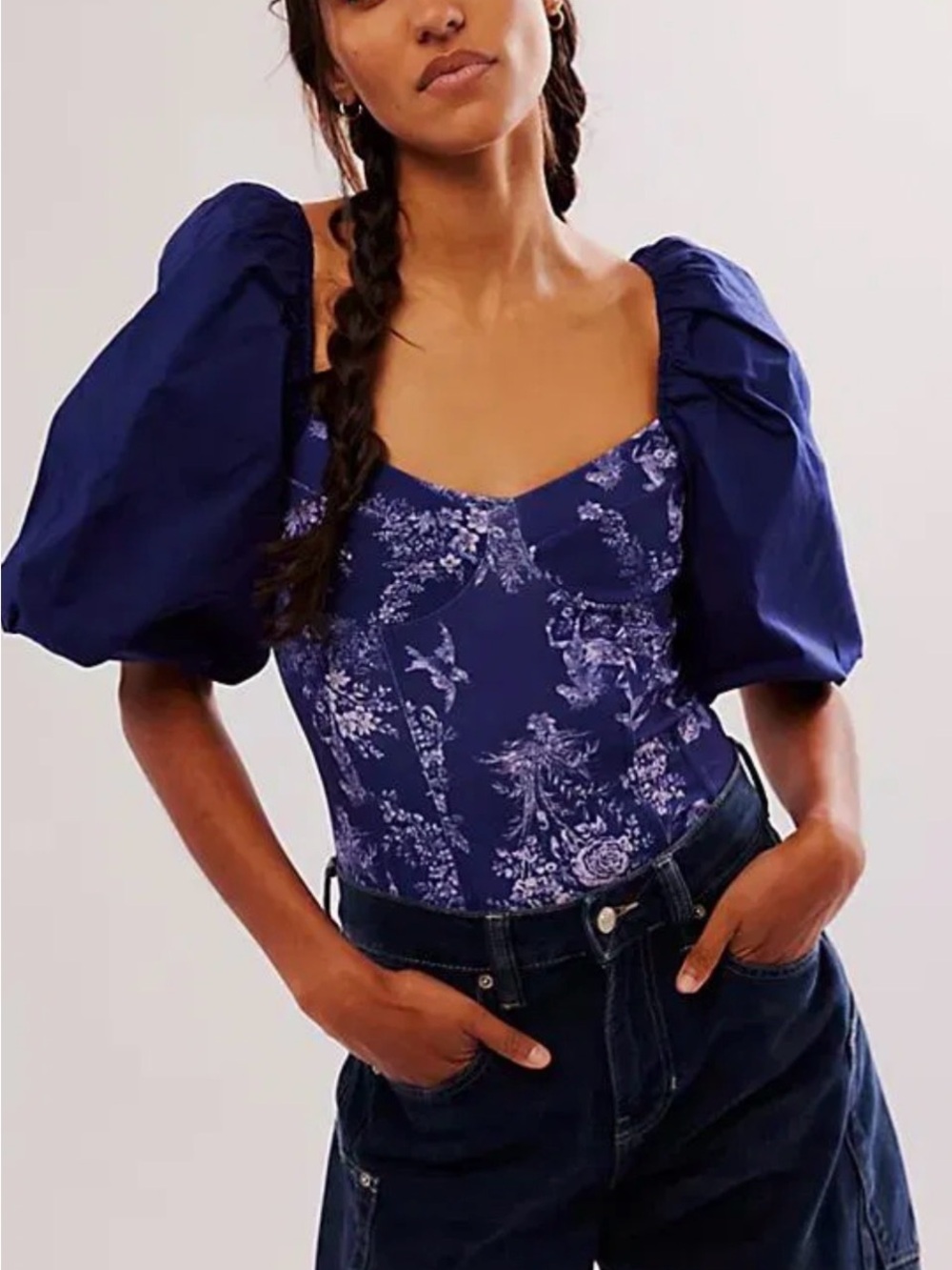 Free People Navy Blue Floral Puff-Sleeve Bodysuit